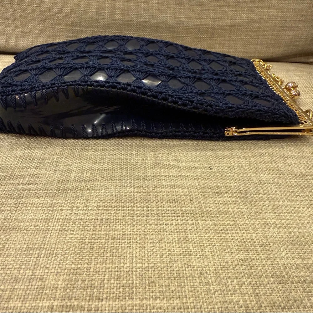 Vintage Crochet Navy Blue Gold Chain Kiss Lock Bag by Solar LTD Italy